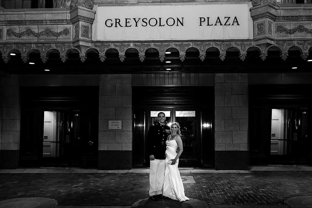 Greysolon Wedding in moorish room, couple standing out front