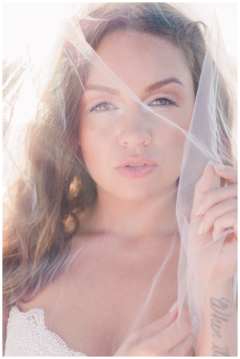 gorgeous brunette bride with full, plump lips looks at camera from behind her veil Comfort and Cashmere Images