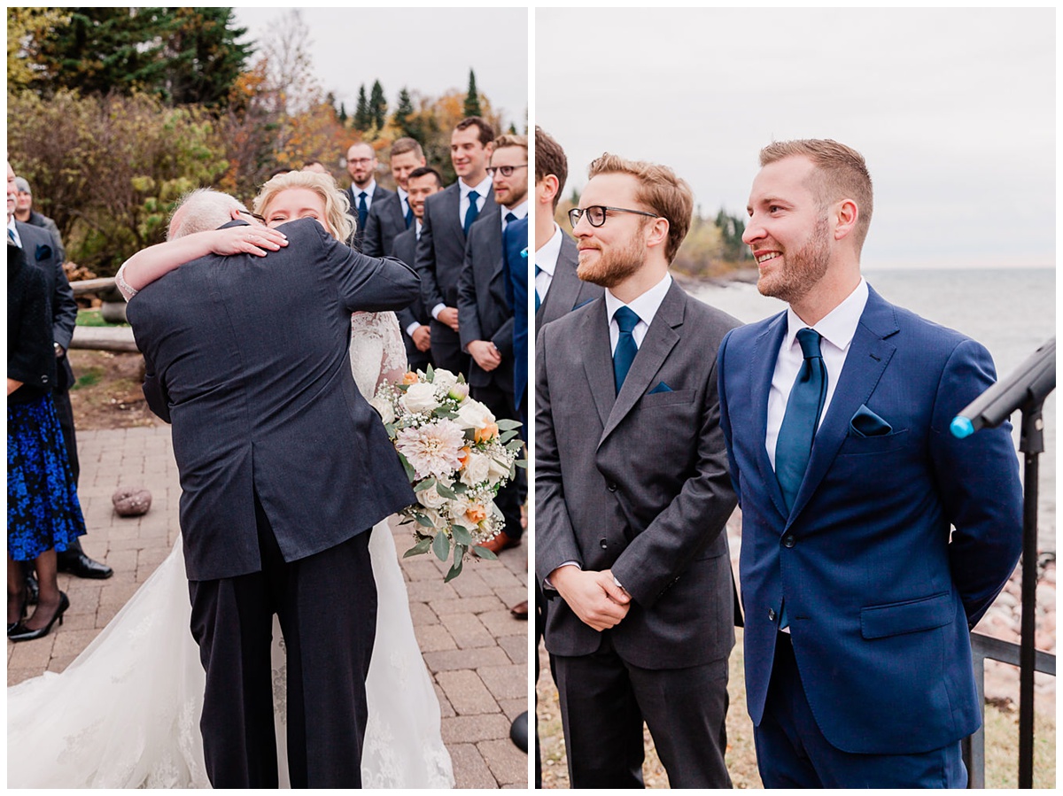 redheaded groom with a beard and his bespectacled best man walk the bride walk up the aisle and then hug her father