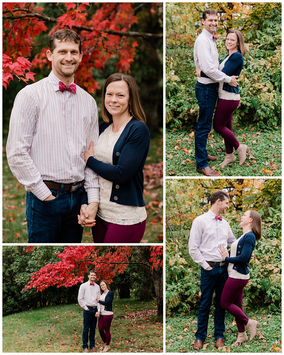 a husband wearing a fuschia bowtie and jeans hugs his wife who is wearing fuschia jeans and they laugh together during fall family photo fun