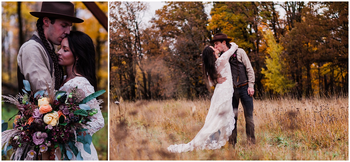 fall wedding portraits of man with long hair in braids and a brown brimmed hat kissing his gorgeous dark haired bride in the woods