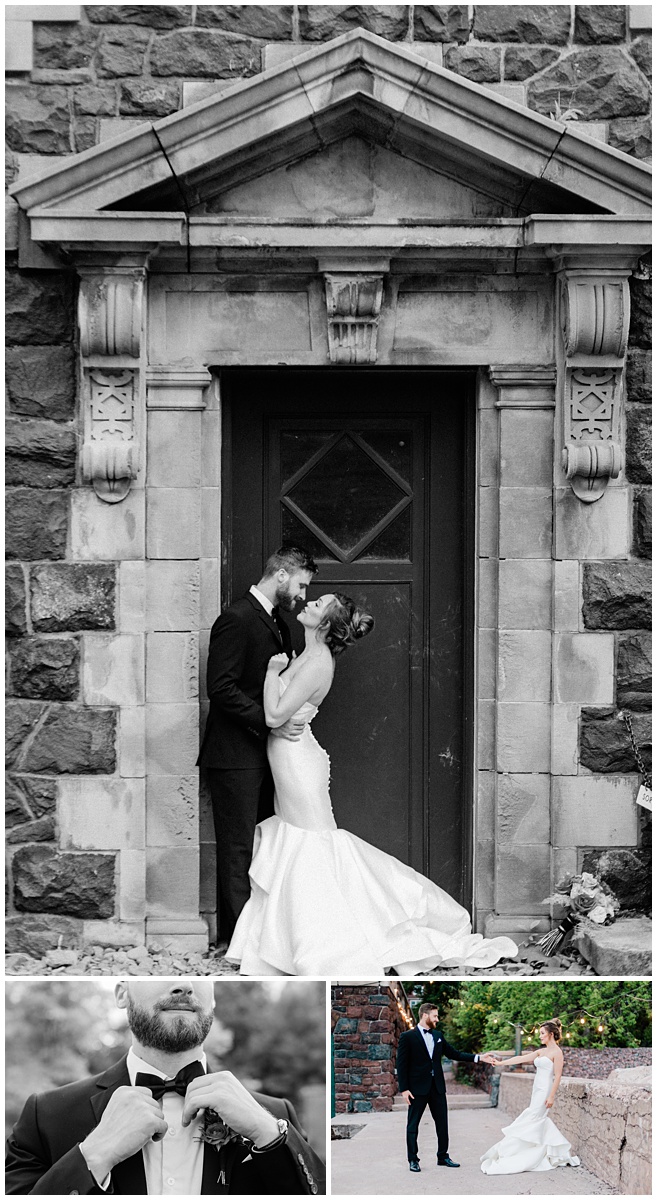 timeless portrait of bride and groom in a doorway by comfort and cashmere photography