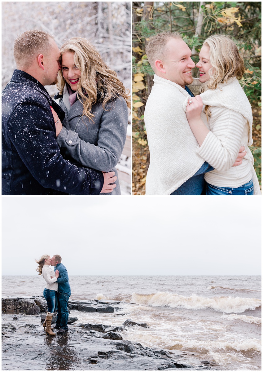 couple poses for engagement photos in a lightly snowed in forest and on a stormy ocean beach.