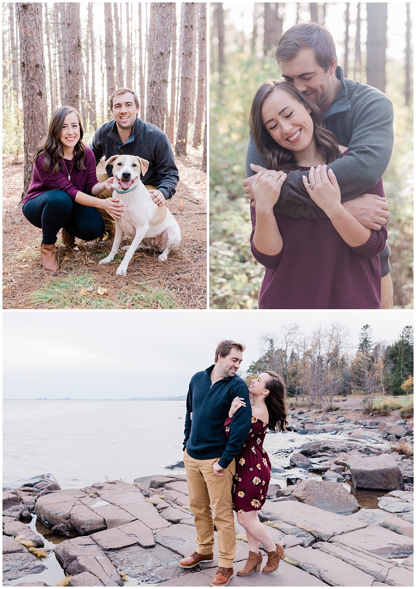 couple poses in the forest and at the ocean with their dog as they announce their engagement. 