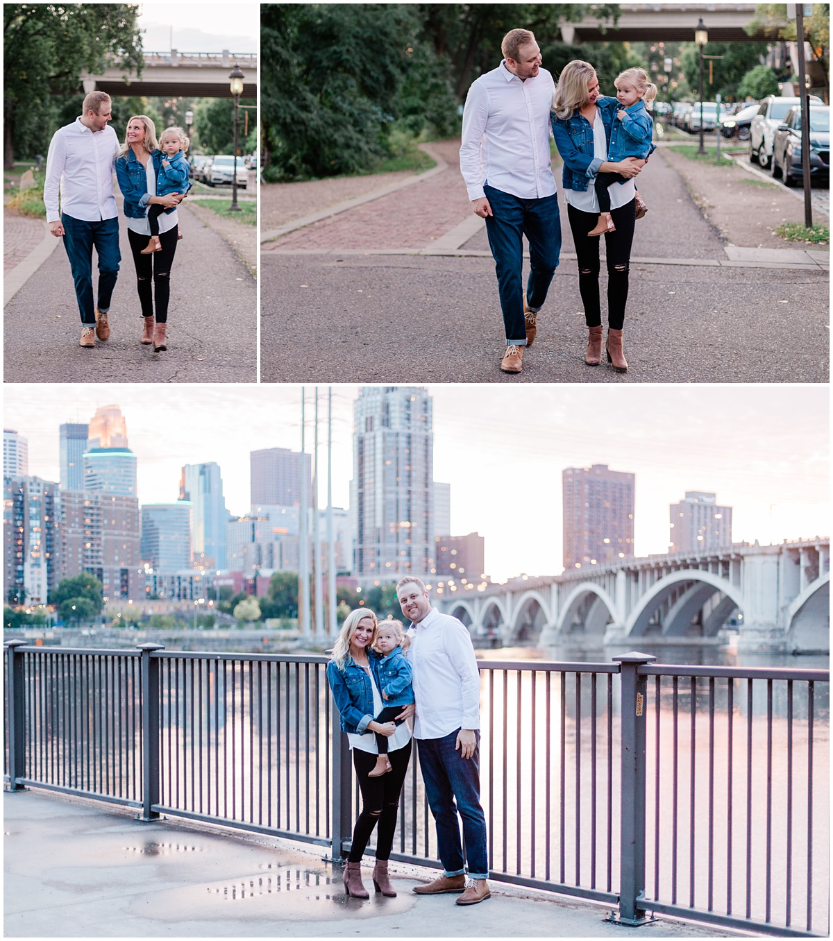A young family made up on a husband and wife and their blonde toddler girl, stroll the St. Anthony Main in Minneapolis. Images by Comfort and Cashmere