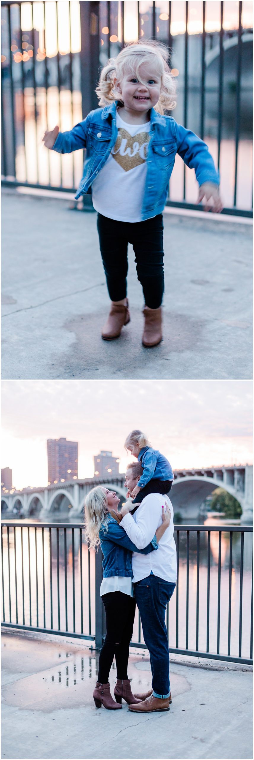 Playful family poses for cute family photos on the banks of the Mississippi river on the Minneapolis side near St. Anthony Main. Images by Rohana Olson of Comfort and Cashmere.
