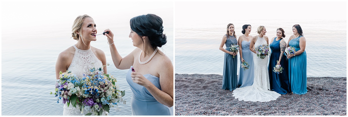 bridesmaid applies lipstick to a bride during photos and then all of the ladies stand together, laughing