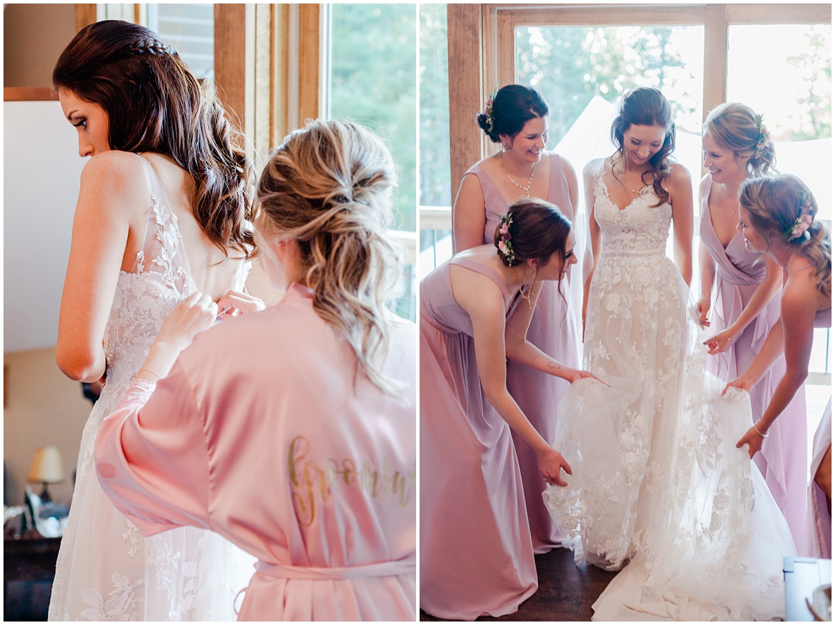 Bridesmaids help their bride get into her dress on her wedding day. Choosing your bridesmaids is very important to ensure your day is amazing