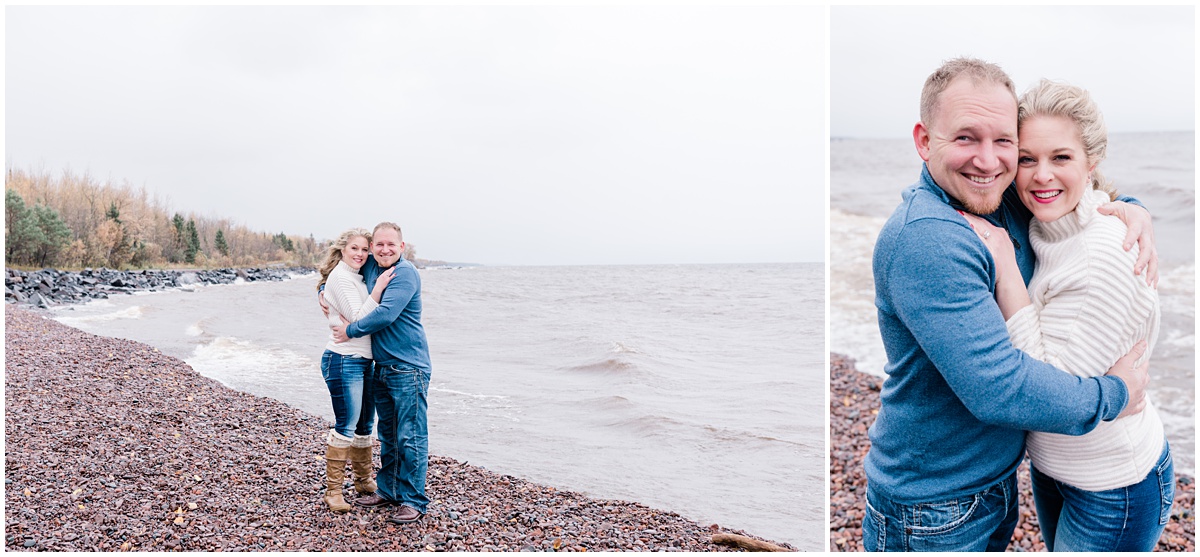A couple celebrates their engagement with some windy pictures on the shores of Lake Superior in Duluth