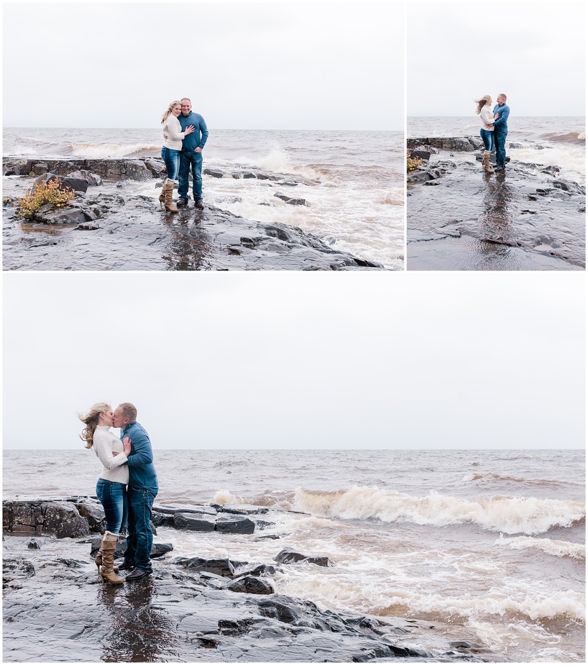 A couple makes the most of the wind coming off Lake Superior to have some fun kissing and smiling for their engagement photos with Comfort & Cashmere