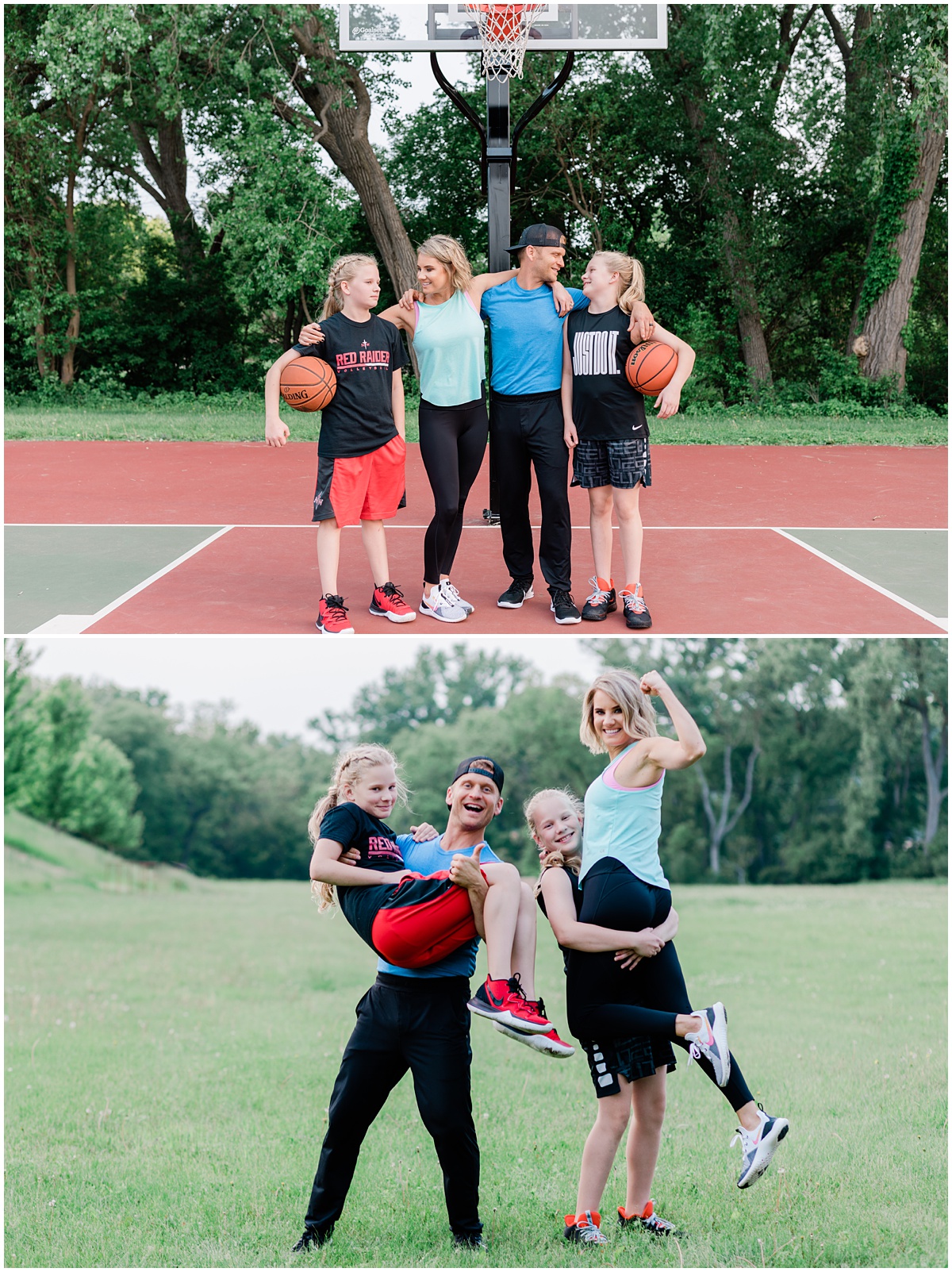 funny family photos of a mom and dad with their two teen daughters, playing basketball and then flexing for the camera