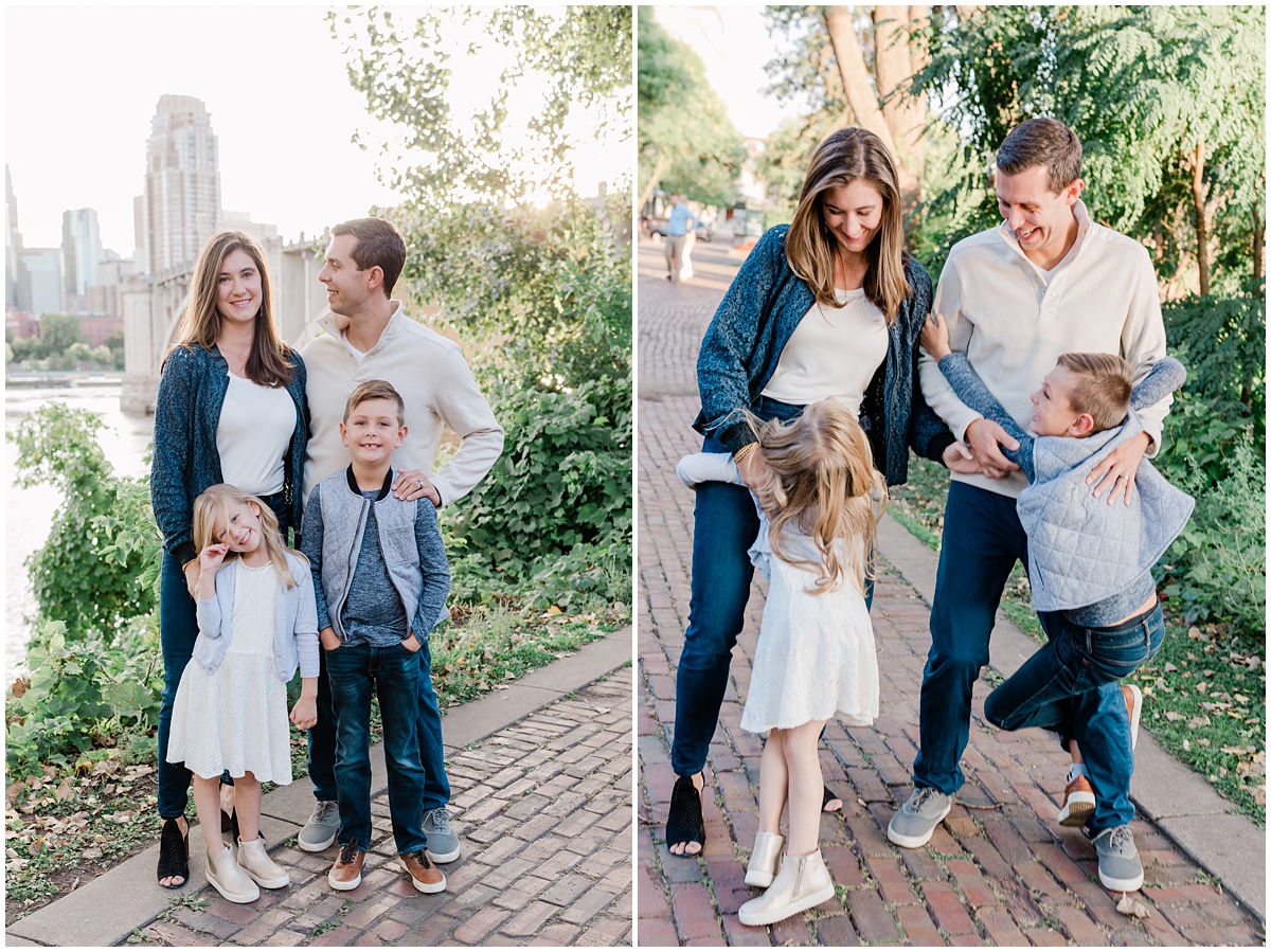 fun family lifestyle photo with a mom and dad, daughter and son hugging and smiling and laughing