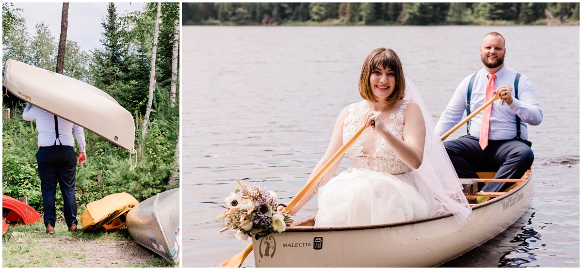 a bride and groom embark on their marriage voyage in a canoe on Lake One at Kawishiwi Lodge in Ely, MN