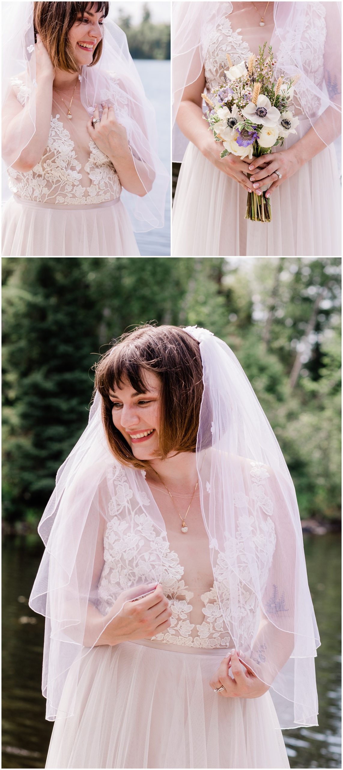 Gorgeous bride stands on the dock at Kawishiwi Lodge in Ely, MN in her beautiful vintage dress