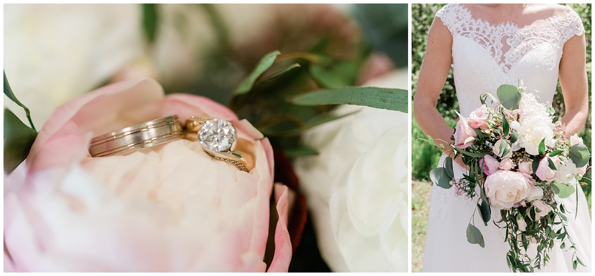 A close up of gold wedding band and gold diamond engagement ring next to a photo of the bride holding a gorgeous floral bouquet