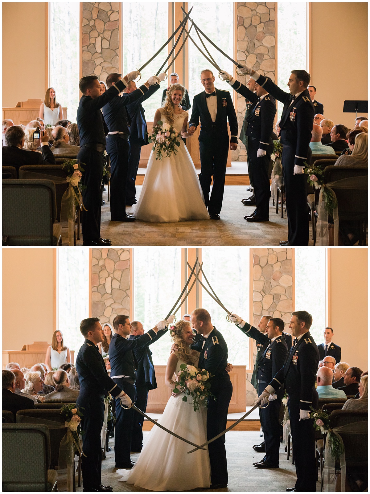a husband and wife walk under swords during the recessional and then are stopped at the end of the line for a kiss
