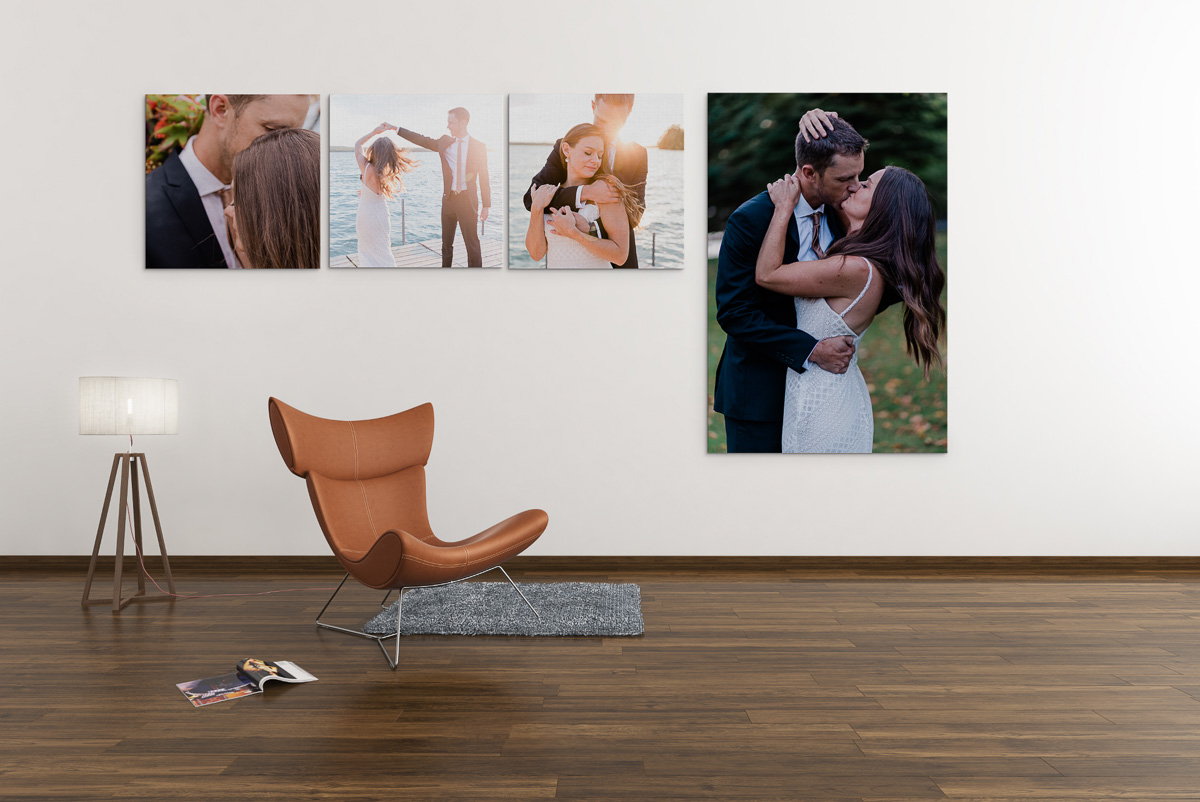 Printing your wedding images on canvas—demonstrated here with 3 30x30 and one 50x40 canvas on a wall