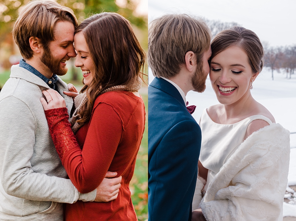 A side by side image of a happy couple holding each other, the first image during their engagement shoot and the second at their wedding.