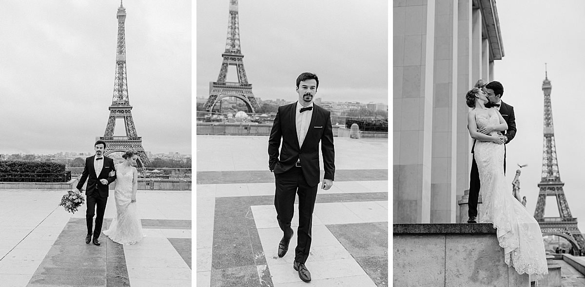 groom in a classic black tux and his elegant bride walk in front of eiffel tower in paris with Comfort and Cashmere Images.