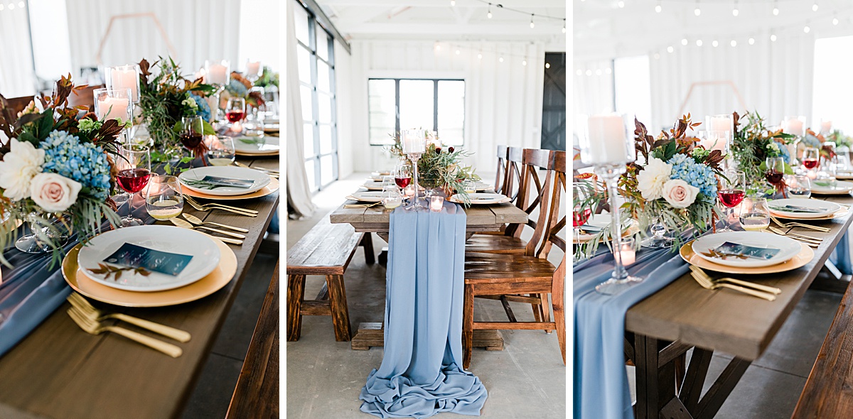 a three-part collage showcasing blue silk table runners, gold-plated table settings, and fall-colored foliage and flowers at a luxurious but rustic wedding reception 