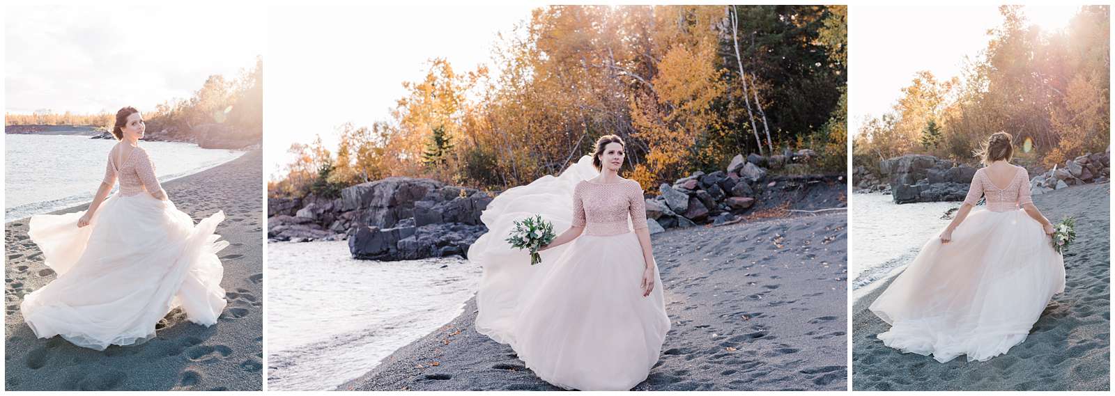bride in a pink-topped flowing dress poses on Minnesota's black beach with Comfort & Cashmere Images