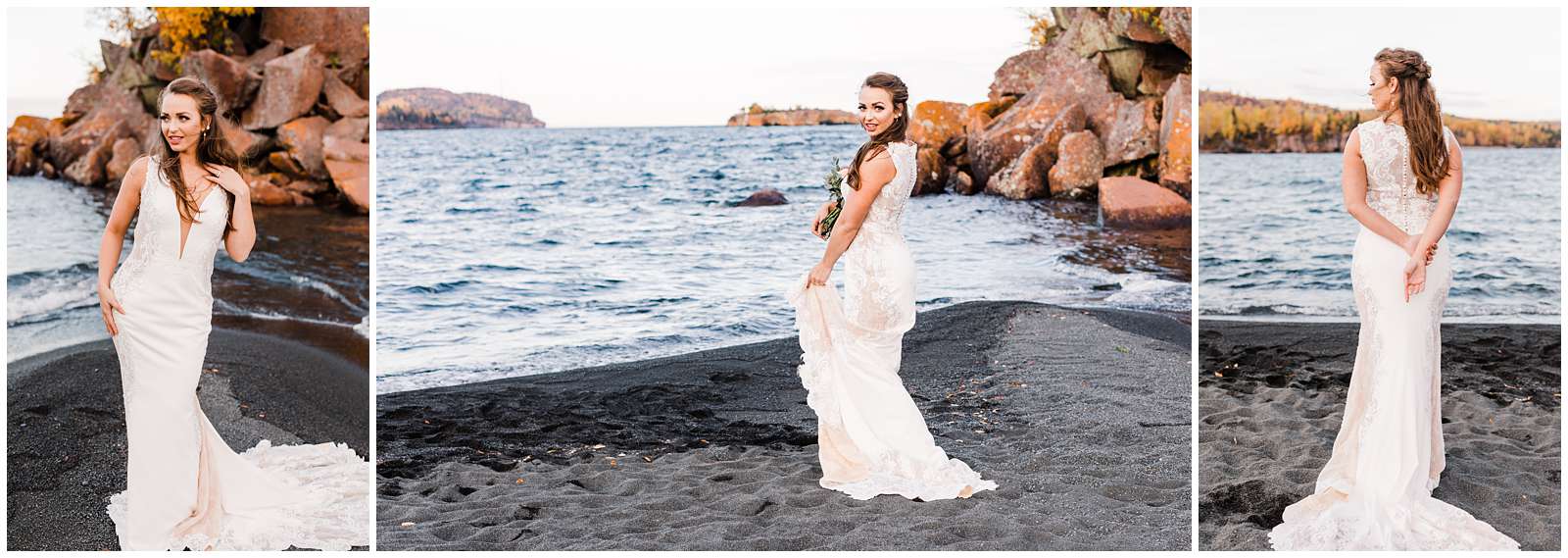 bride in a dress with clear lace down each side poses for Comfort & Cashmere Images at Black Beach in Minnesota