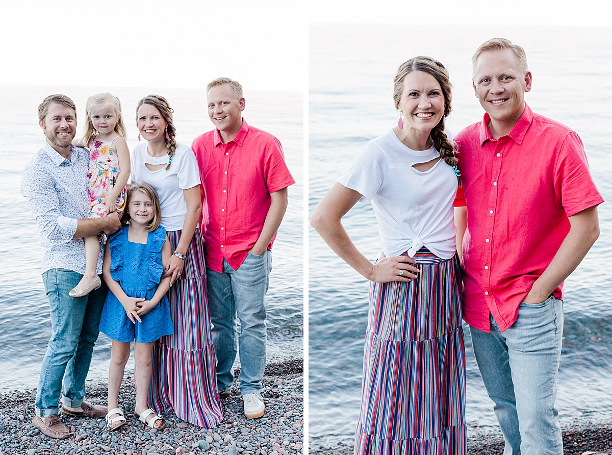 a happy family with young kiddos adds a fave uncle into the pictures during a family photo session at lake superior