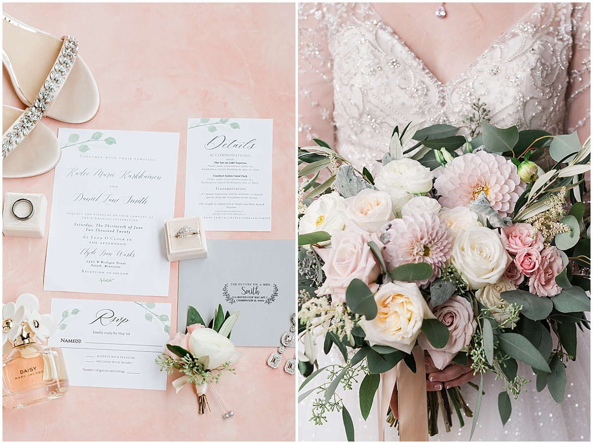 A wedding invitation set out on a pink surface with a corsage, wedding ring, perfume and sparkly heel shoes.