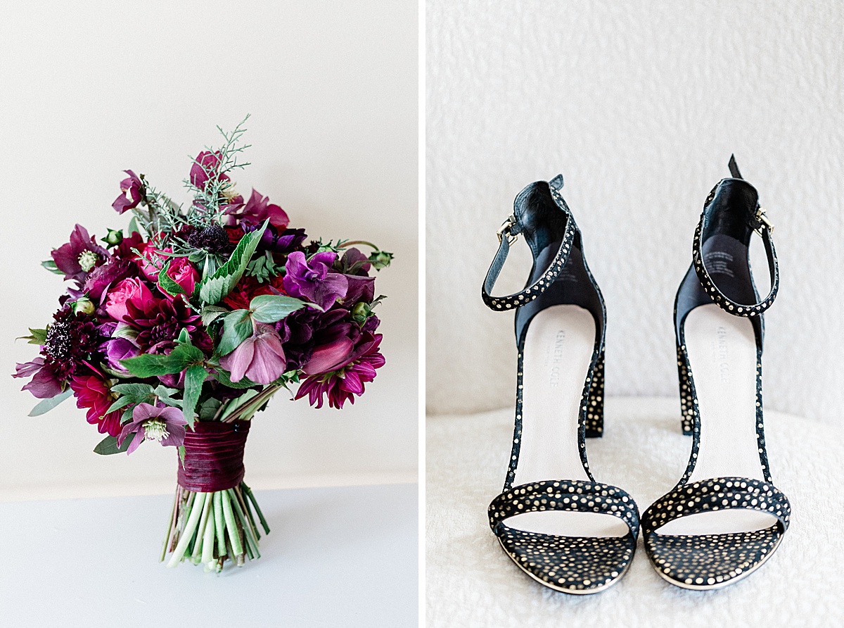stunning pink, purple and green bouquet by Saffron & Grey flowers sits beside a cute pair of black heels with small gold polka dots all over them