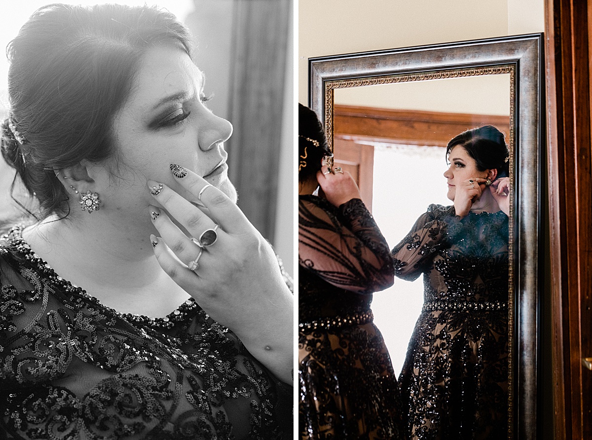 beautiful, curvy bride in a black lace and sequin gown puts on the final touches before her wedding ceremony at the Glensheen Mansion in Duluth