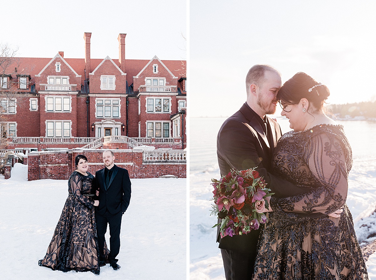 happy bride and groom, both wearing black, smile happily while hugging on the snowy front lawn of the Glensheen Mansion in Duluth