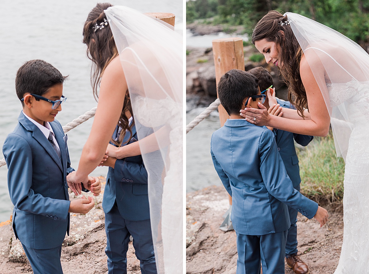 emotional first look with bride's sons just before her bluefin bay elopement ceremony with comfort and cashmere images