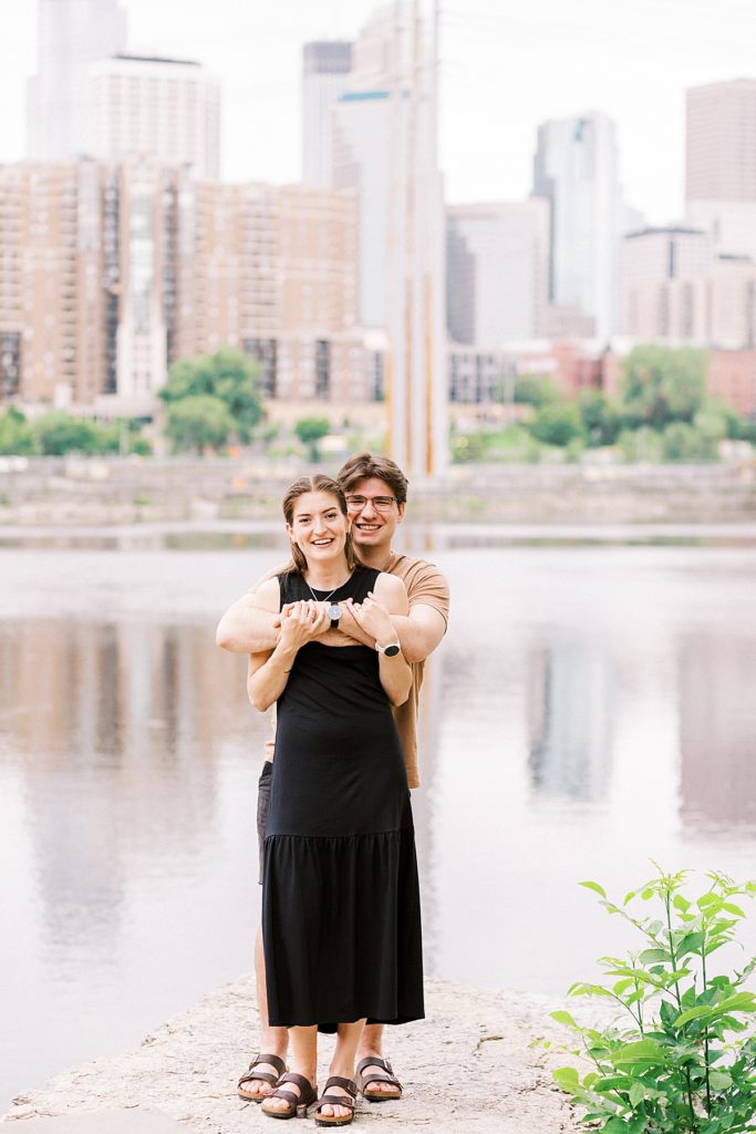 minneapolis engagement session on iconic spot on st anthony main near the stone arch bridge